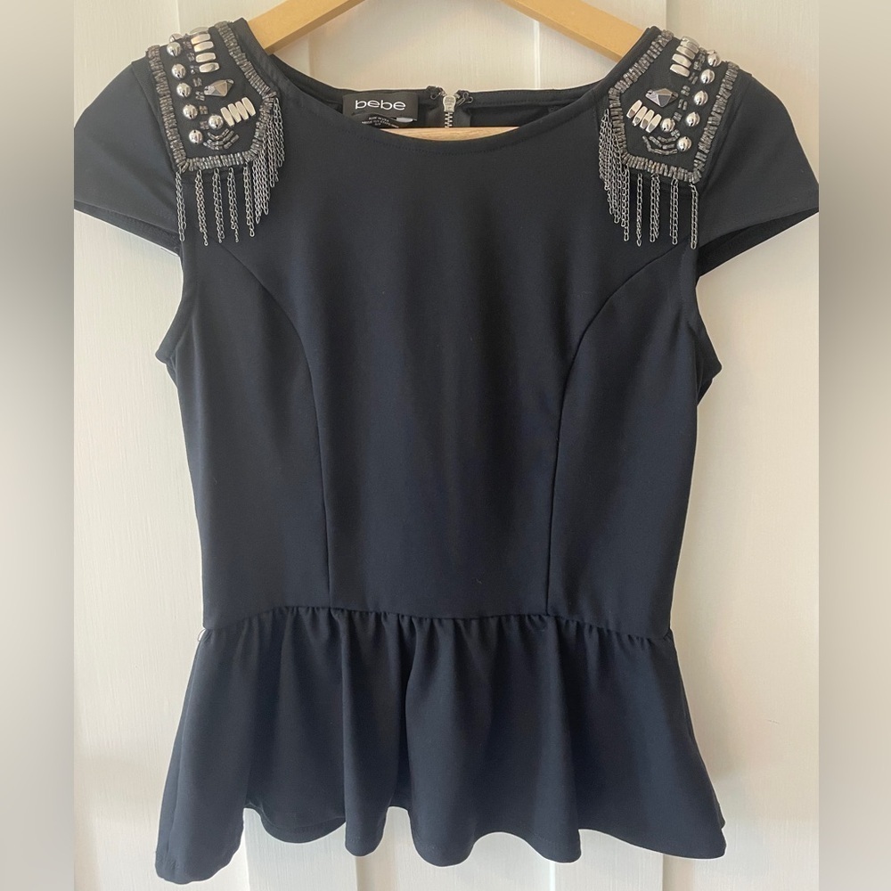 Bebe Embellished Studded Shoulder Peplum Short Sleeve Top